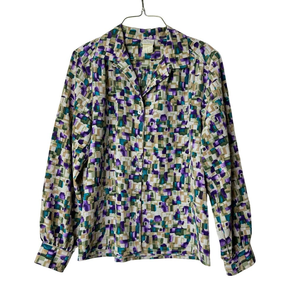 Bleyle VINTAGE teal purple cream block abstract print button up blouse LARGE‎